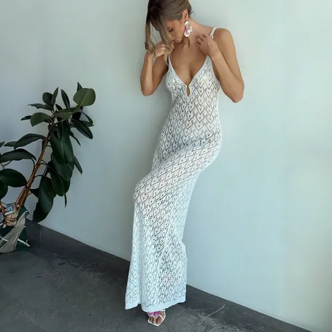 Vrouwen Sexy Opengewerkt Strandvakantie Strandjurk Effen Kleur V-hals SpAGetti Bandje Maxijurk Zomer Badmode