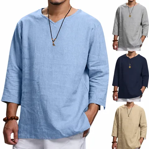 Camisa Casual de Algodón para Hombre Manga Larga Cuello en V Top Básico Sólido Holgado Para Primavera Otoño Ropa de Moda
