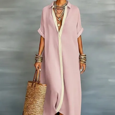 Women's Casual V-Neck Short Sleeve A-Line Midi Dress Color Block Single-Breasted Polyester Dress For Daily Travel