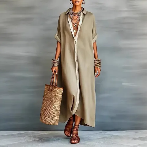 Women's Casual V-Neck Short Sleeve A-Line Midi Dress Color Block Single-Breasted Polyester Dress For Daily Travel