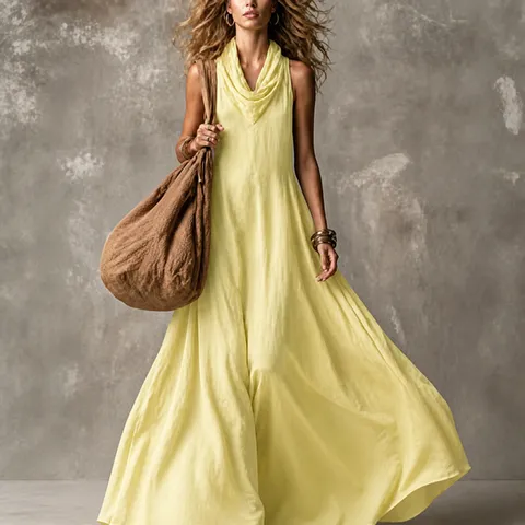Women's Summer Casual V-Neck Sleeveless Solid Color Loose Swing Maxi Dress Polyester Resort Style Long Party Beach Dress
