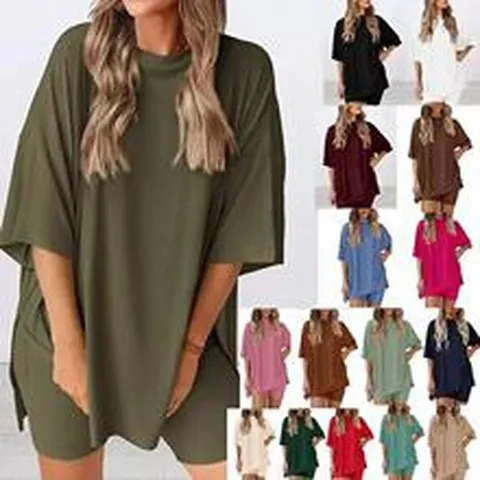 Women Casual Solid Color Loose Short Sleeve Top And Shorts Set Summer Comfortable Loungewear Outfit
