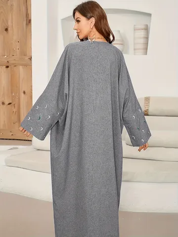 Women Elegant Knitted Batwing Sleeve Robe Cardigan Moon Embroidery Maxi Dress Abaya Solid Color Fashion Clothing