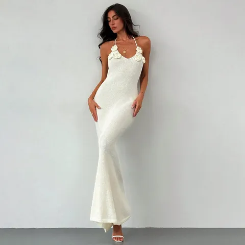 Women's Sexy Solid Color Halter Neck 3D Floral Crochet Knitted Maxi Beach Dress Sleeveless Bodycon Long Dress