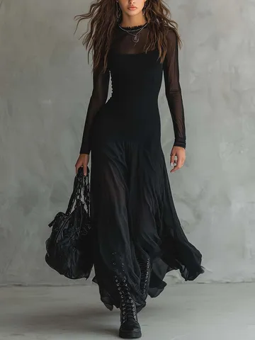 Women's Elegant Long Sleeve Mesh Patchwork Dress Sexy Slim Fit High Waist Solid Color Midi Dress Casual Daily Party Wear