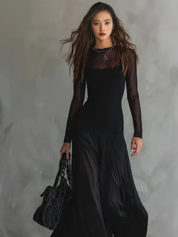 Women's Elegant Long Sleeve Mesh Patchwork Dress Sexy Slim Fit High Waist Solid Color Midi Dress Casual Daily Party Wear