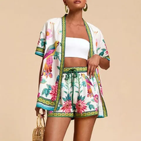 Damen Sommer Casual Tropischer Druck Zweiteiliges Set Kurzarm Cardigan Top Und Passende Shorts Strand Urlaub Outfit