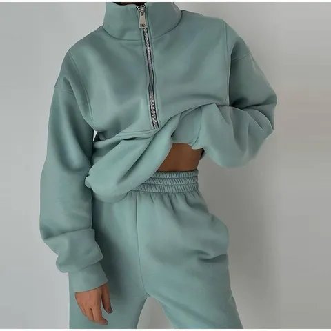 Mujer Casual Forro Polar Sudadera con Cremallera Pantalones de Chándal Top y Pantalón Manga Larga Cuello Alto Color Sólido Ropa de Calle
