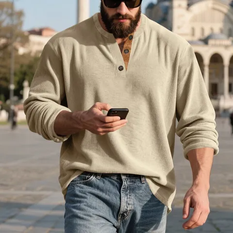 Camisa Henley de Manga Larga de Corduroy Casual para Hombre Vintage Color Sólido Corte Holgado