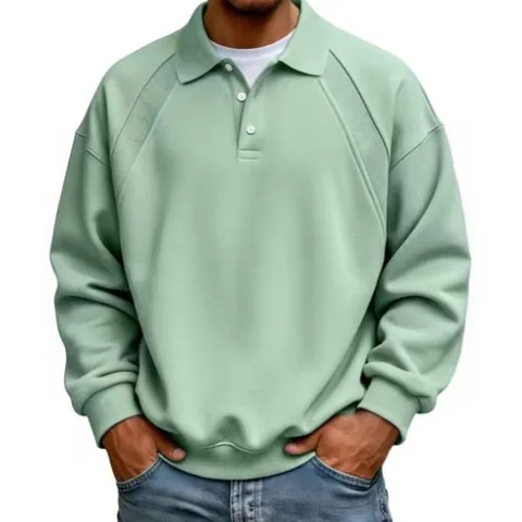 Maglia Polo in Maglia Casual da Uomo Manica Lunga Revers Bottone Vestibilità Larga Tinta Unita Pullover Top Moda Autunno