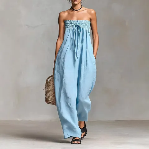 Damen Casual Trägerlos Kordelzug Gesmokter Jumpsuit Einfarbig Lockere Gerade Lange Hose Mode Outfit