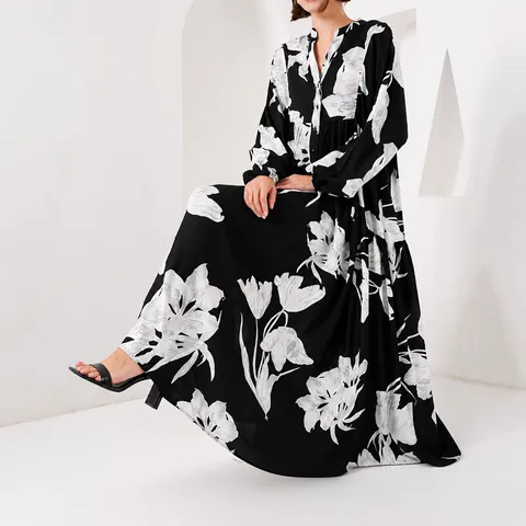 Women Casual Long Sleeve V Neck Maxi Dress Elegant Floral Print Loose Long Robe Polyester Dress For Daily Wear