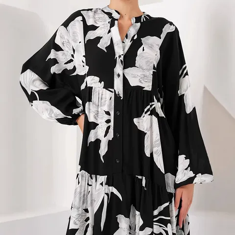 Women Casual Long Sleeve V Neck Maxi Dress Elegant Floral Print Loose Long Robe Polyester Dress For Daily Wear