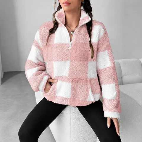 Sudadera de Mujer Otoño Invierno Polar Cuadros Medio Cremallera Manga Larga Casual Holgado Jersey Top Bolsillo Abrigo Térmico