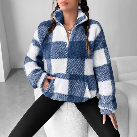 Sudadera de Mujer Otoño Invierno Polar Cuadros Medio Cremallera Manga Larga Casual Holgado Jersey Top Bolsillo Abrigo Térmico