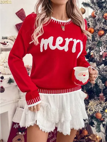 Women's Christmas Sweater Long Sleeve Casual Loose Pullover Knit Top With Letter Pattern Festive Winter Fashion Apparel