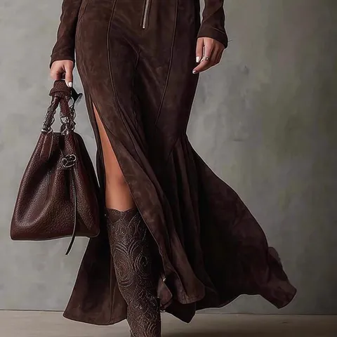 Women Fashion Elegant Long Sleeve Zipper Lapel Suede Jumpsuit Dress High Waist Slim Fit Mermaid Maxi Dress Casual Outfit