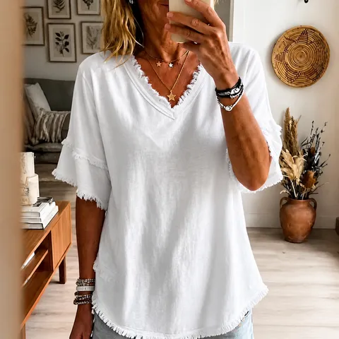 Mujer Casual Cuello en V Manga Corta Holgado Algodón Lino Blusa Color Sólido Dobladillo con Flecos Verano Moda Top