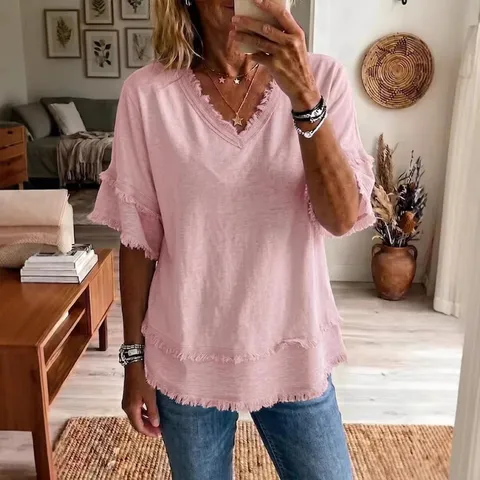 Mujer Casual Cuello en V Manga Corta Holgado Algodón Lino Blusa Color Sólido Dobladillo con Flecos Verano Moda Top