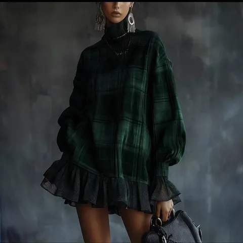 Women's Long Sleeve Plaid Dress High Neck Ruffle Hem Slim Fit Chic Commuter Polyester Dress For Party Daily Wear