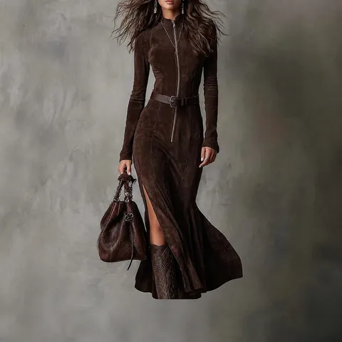 Mujer Moda Elegante Manga Larga Cremallera Solapa Ante Mono Vestido Talle Alto Ajustado Sirena Vestido Maxi Conjunto Casual