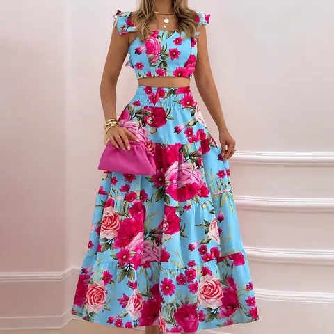 Conjunto Casual de Dos Piezas para Mujer Top Corto y Falda Maxi Acampanada Estampado Floral Poliéster