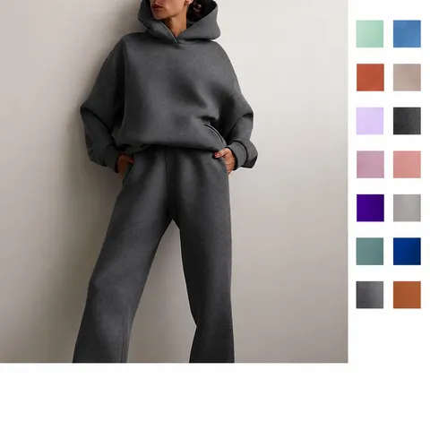 Conjunto De Chándal Casual Liso Para Mujer Sudadera Con Capucha Gruesa Y Pantalón Top Y Parte Inferior Jersey Manga Larga