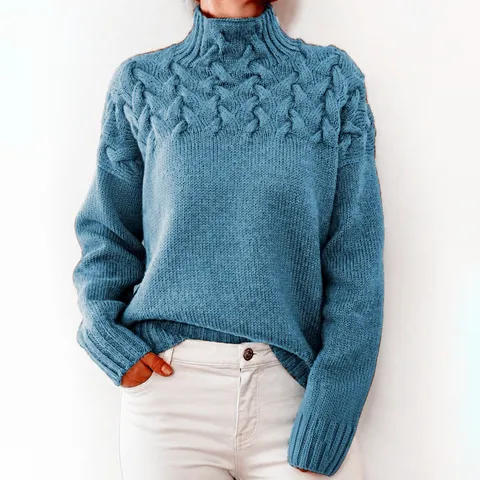 Pull-over Décontracté à Col Montant et Manches Longues en Tricot Cable pour Femmes Couleur Unie Chaud Hiver Mode