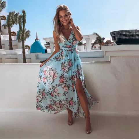 Γυναικείο Casual V-Neck Aμανικό Φλοράλ Τυπωτό Chiffon Maxi Φόρεμα Καλοκαιρινές Διακοπές Παραλία Σχισμή Μακριά Φορέματα