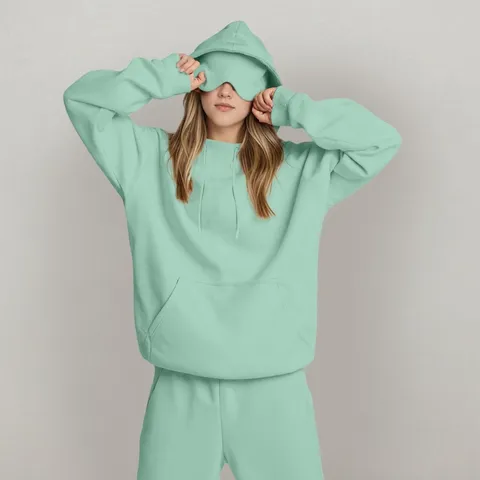 Sudadera con Capucha de Manga Larga Lisa Casual para Mujer Antifaz Integrado Invierno Cálido Pullover Holgado Top y Parte Inferior