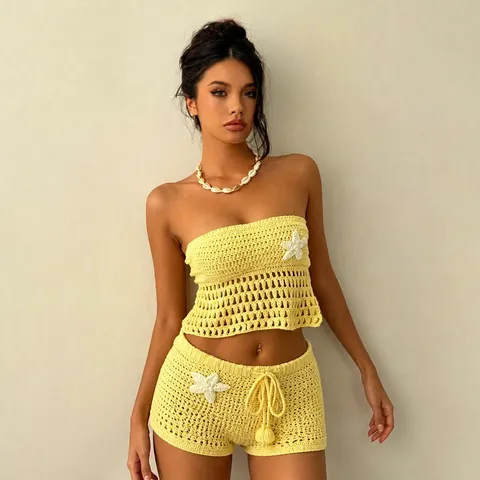 Women Sexy Knitted Floral Beach Dress Bikini Cover Up Sun Protection Set Summer Halter Top And Shorts Two Piece Outfit