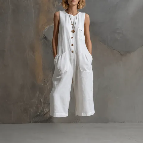 Women's Casual Vintage Sleeveless Cotton Linen Wide Leg Cropped Jumpsuit Solid Color Button Pocket Summer Romper