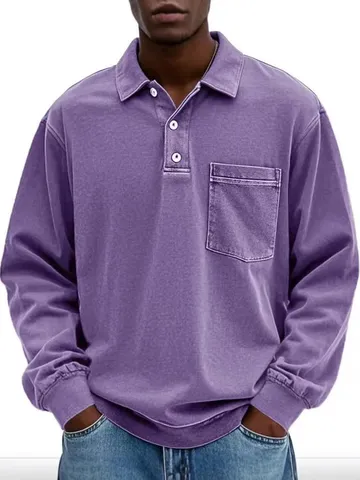 Camisa Polo de Manga Larga Vintage para Hombre Casual Ajuste Suelto Solapa Botón Color Sólido Top Ropa de Moda de Primavera
