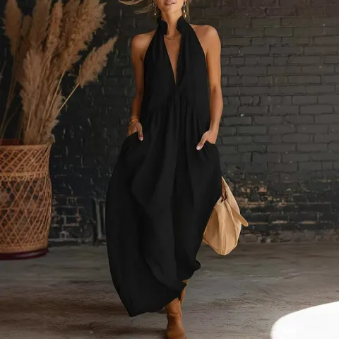 Femmes Décontracté Sans Manches Col Mao Couleur Unie Longue Robe de Vacances Élégante Robe Maxi Trapèze en Polyester