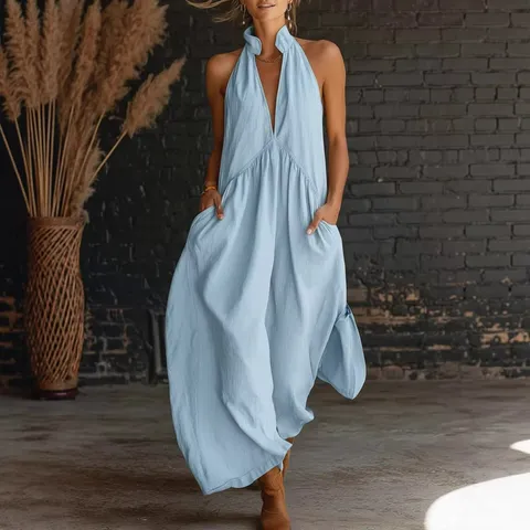 Femmes Décontracté Sans Manches Col Mao Couleur Unie Longue Robe de Vacances Élégante Robe Maxi Trapèze en Polyester