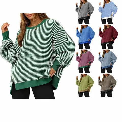 Sudadera Casual de Punto Gofrado de Manga Larga con Cuello Redondo y Abertura Lateral para Mujer Pullover Holgado Color Sólido Tops Básicos
