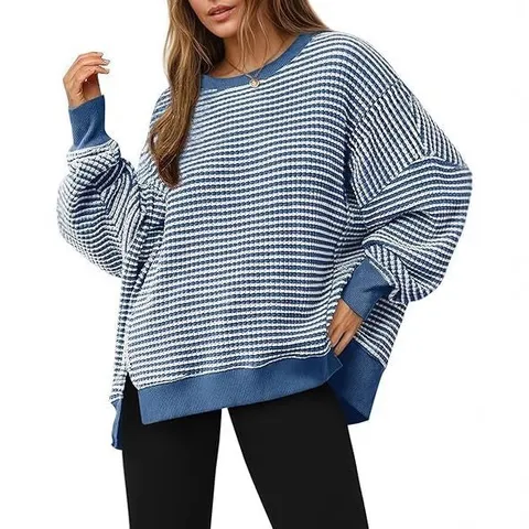 Damen Casual Waffelstrick Langarm Rundhals Sweatshirt Lokerer Pullover Seitenschlitz Einfarbig Tägliche Basic Tops