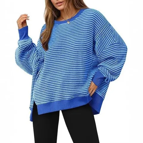 Damen Casual Waffelstrick Langarm Rundhals Sweatshirt Lokerer Pullover Seitenschlitz Einfarbig Tägliche Basic Tops