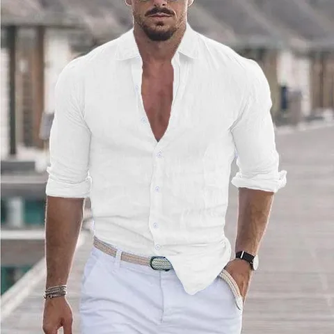Men's Casual Cotton Long Sleeve Turn Down Collar Shirt Solid Color Loose Fit Beach Holiday Button Down Shirt