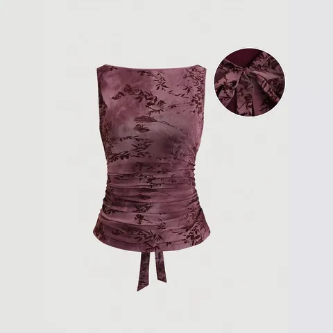 Women's Sexy Mesh Flocking Floral Tie-Back Tank Top Slim Fit Retro Sleeveless Cami Summer Streetwear