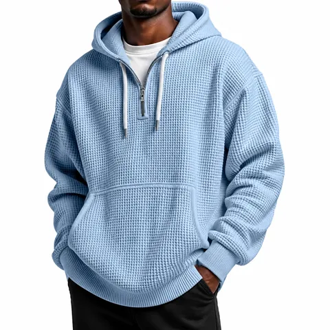 Sudadera con Capucha Casual de Tejido Waffle con Media Cremallera para Hombre Manga Larga Cordón Pulóver Top