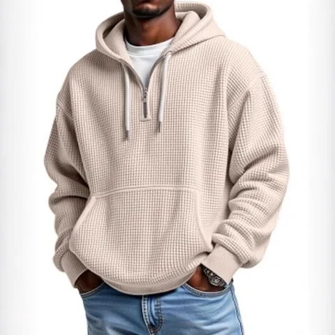 Sudadera con Capucha Casual de Punto Wafle de Manga Larga para Hombre Color Sólido Cuarto de Cremallera Suelta Deportiva