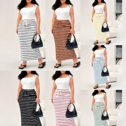 Falda Midi Ajustada de Punto a Rayas para Mujer Talla Grande Casual Cintura Alta con Cordón y Bolsillos Moda de Verano