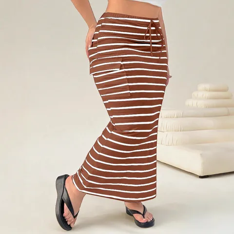 Falda Midi Ajustada de Punto a Rayas para Mujer Talla Grande Casual Cintura Alta con Cordón y Bolsillos Moda de Verano