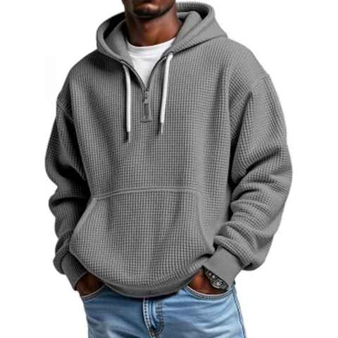 Sudadera con Capucha Casual de Punto Wafle de Manga Larga para Hombre Color Sólido Cuarto de Cremallera Suelta Deportiva