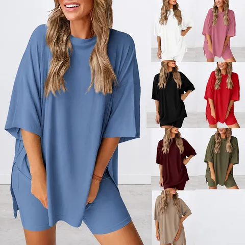 Mujeres Casual Color Sólido Manga Corta Cuello Redondo Camiseta Y Pantalones Cortos Conjunto Bolsillo Ropa De Cama De Punto