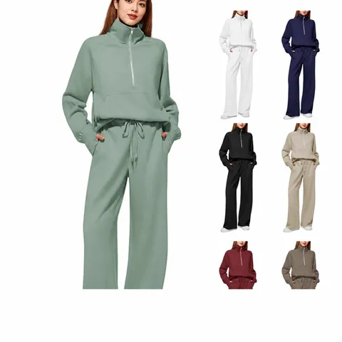 Mujer Casual Poliéster Media Cremallera Sudadera Y Pantalones Anchos Conjunto Lounge Suelto Manga Larga Top Pantalones Chándal