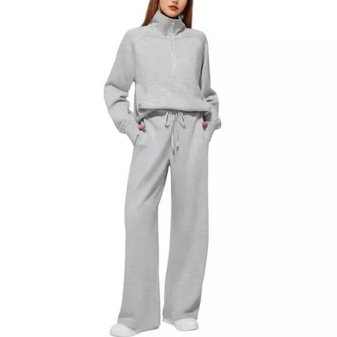 Mujer Casual Poliéster Media Cremallera Sudadera Y Pantalones Anchos Conjunto Lounge Suelto Manga Larga Top Pantalones Chándal