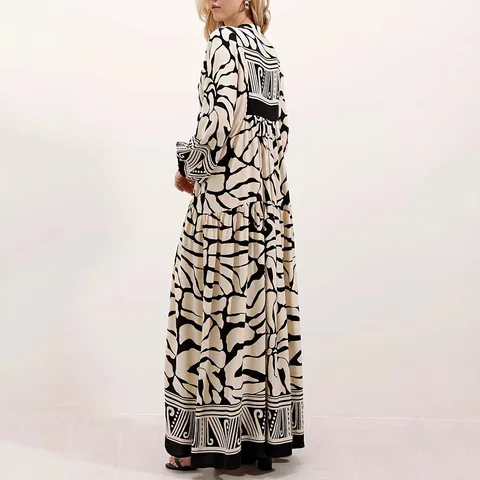 Women's Elegant Long Sleeve V-Neck Abstract Print Maxi Dress Casual Loose Belted Long Robe Dress With Lantern Sleeves