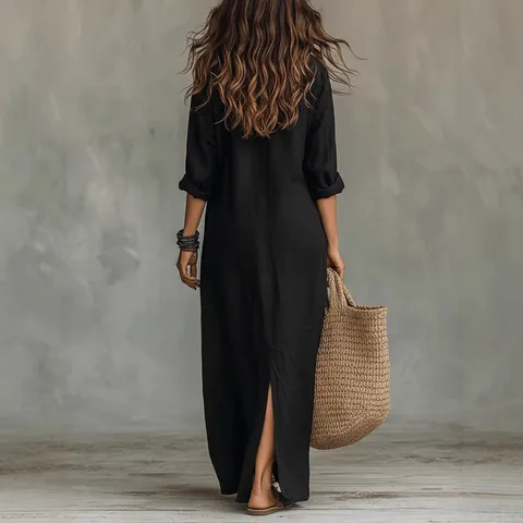 Women Casual Solid Color Lapel Front Split Long Sleeve Maxi Dress Spring Summer Elegant Daily Ladies Dress